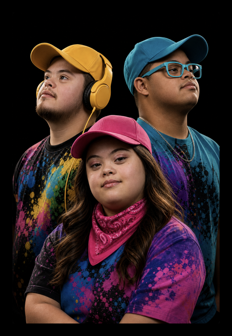 Three adults in colorful hats and clothing representing confident, person-centered care