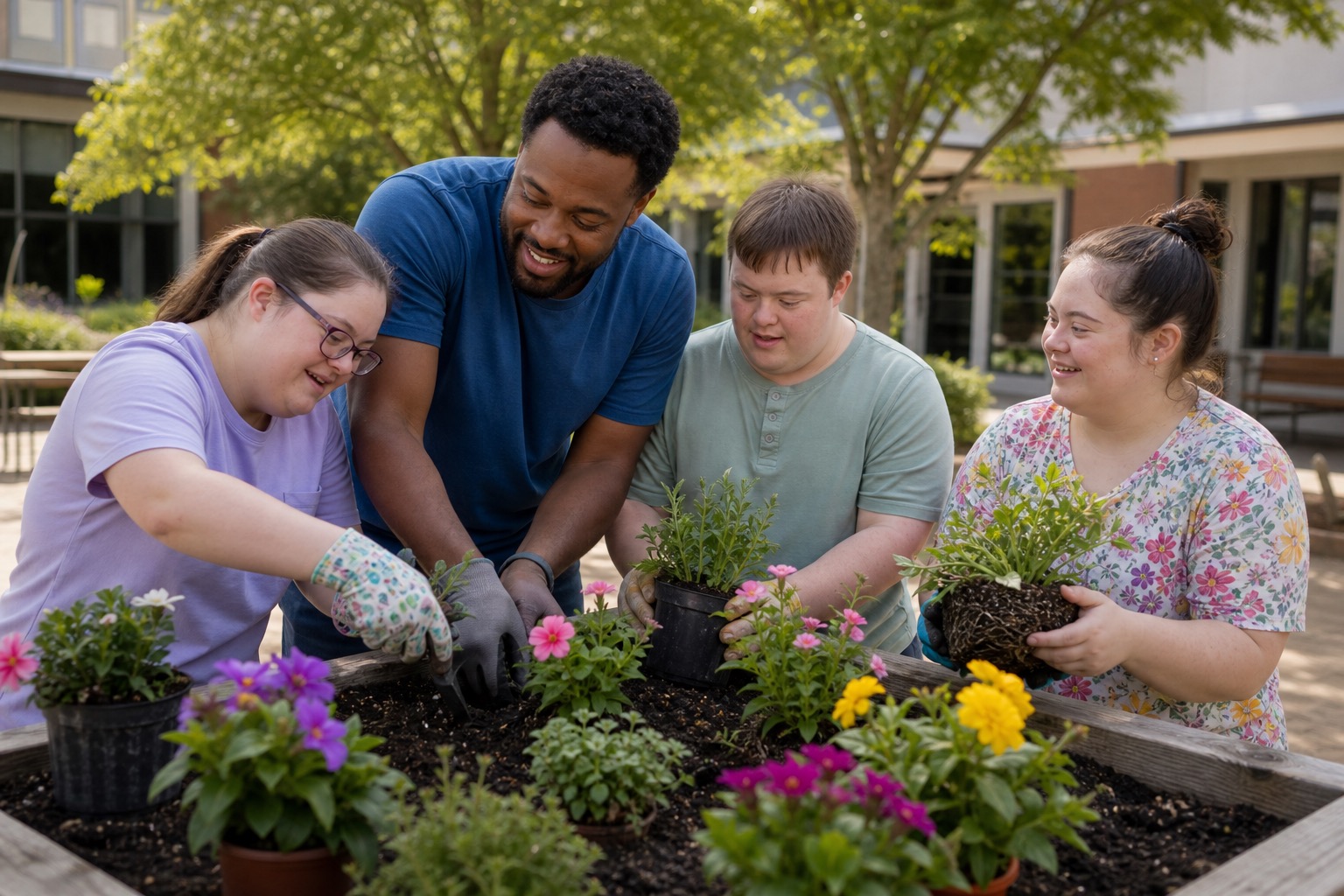 Support staff helping adults with Down syndrome plant flowers during a community activity