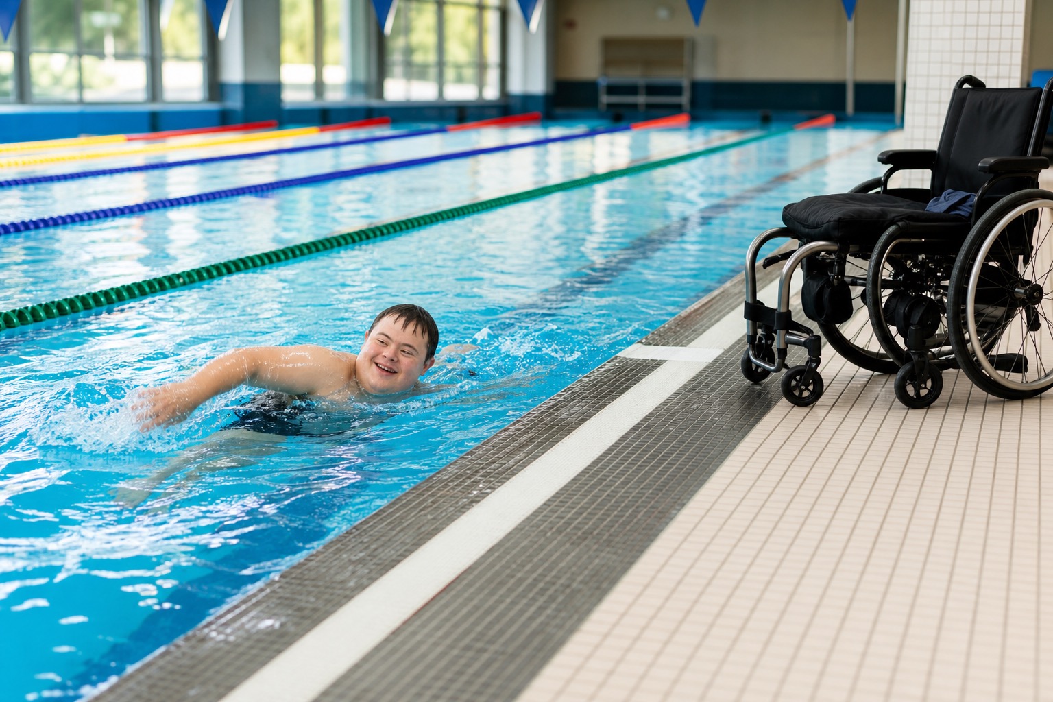 Adult with Down syndrome swimming in a pool with a wheelchair beside the pool deck