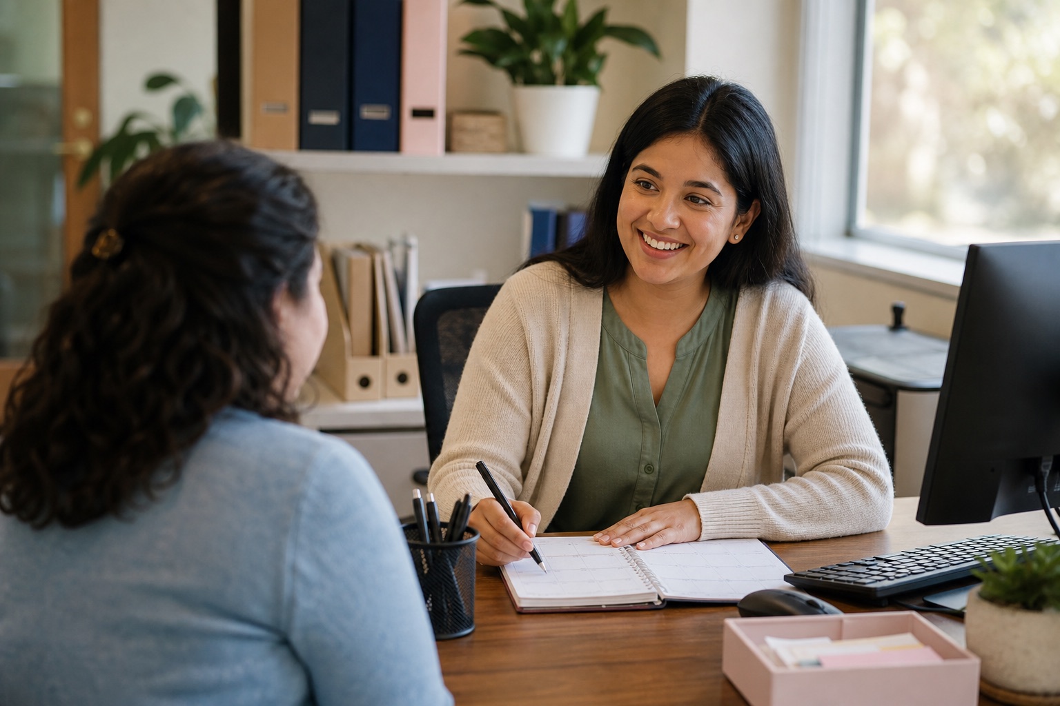 Administrative support professional coordinating schedules and records in an office