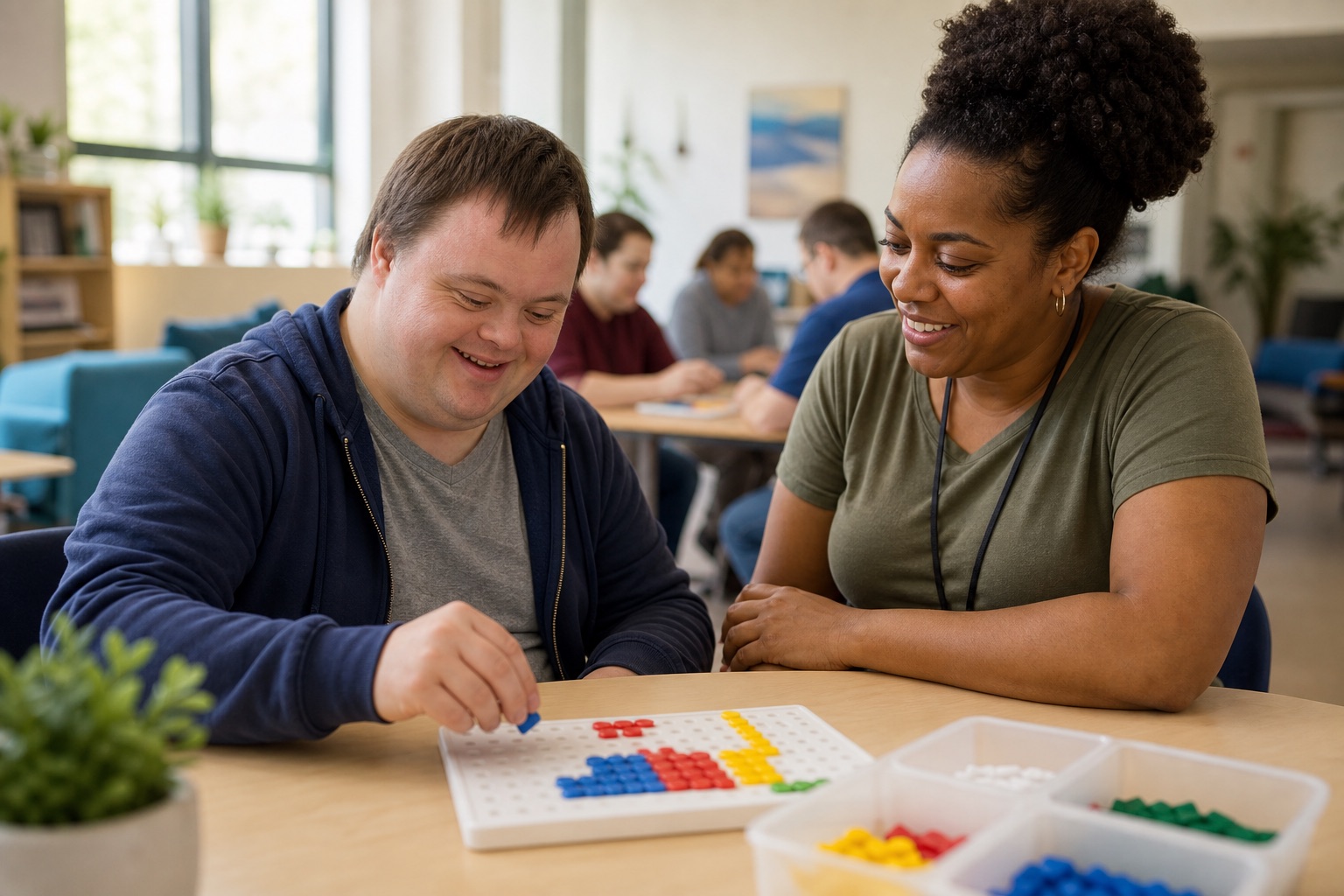 Direct Support Professional helping an adult with a developmental disability in a day program