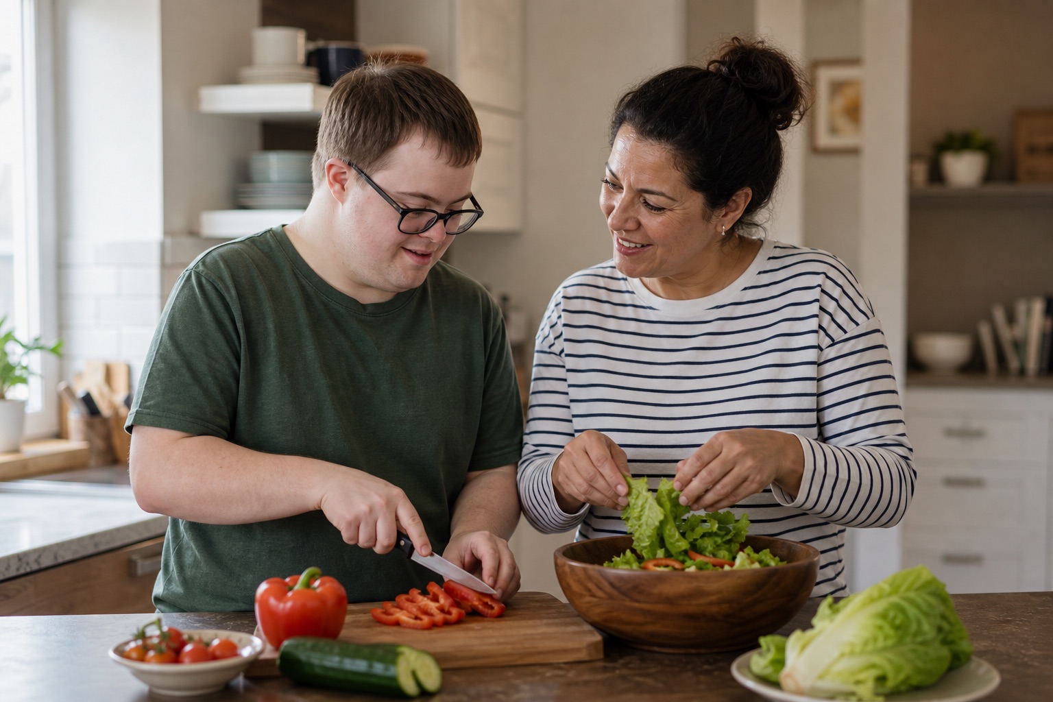Home Care Provider preparing a meal with an adult with a developmental disability