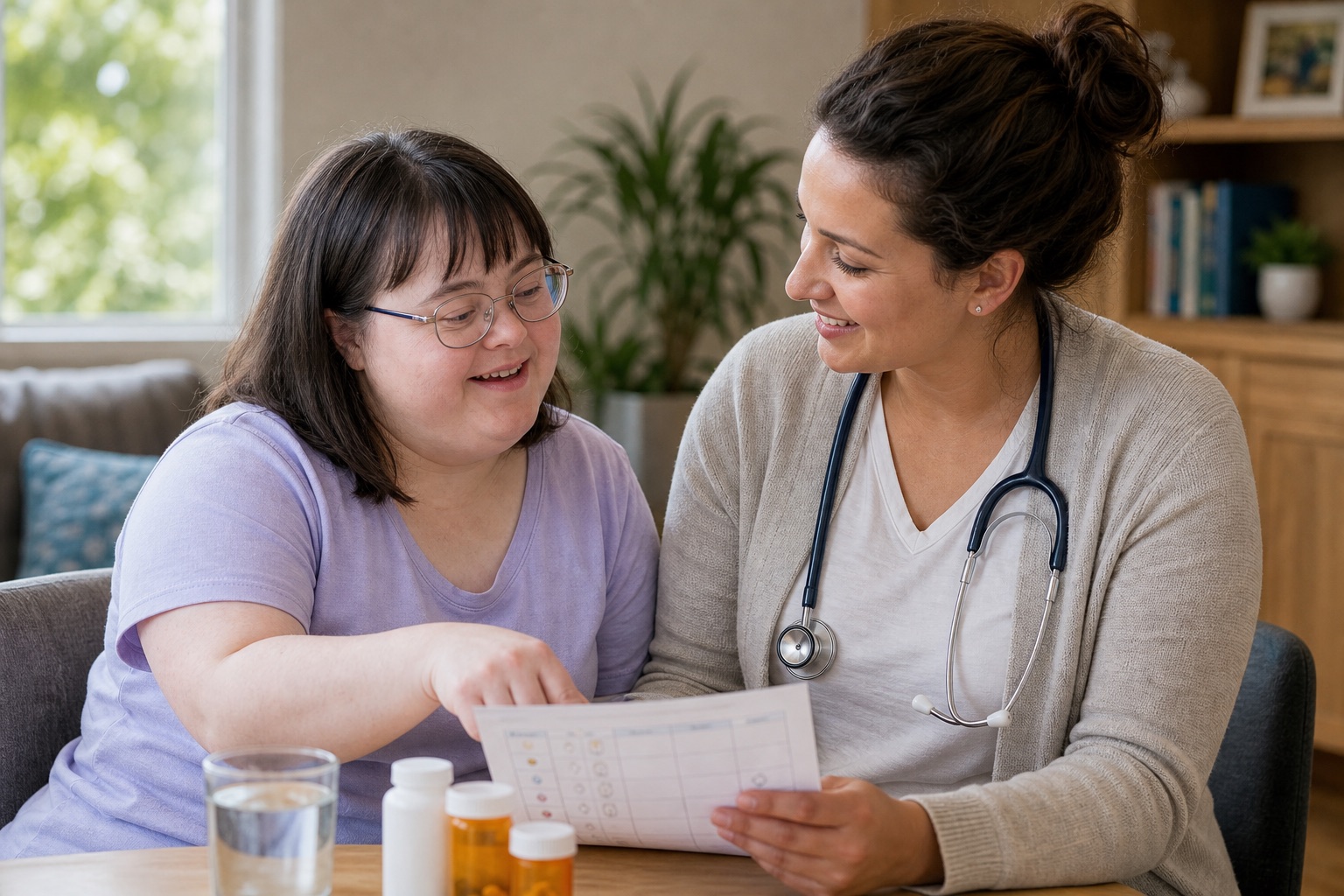 Healthcare professional reviewing a wellness plan with an adult with a developmental disability