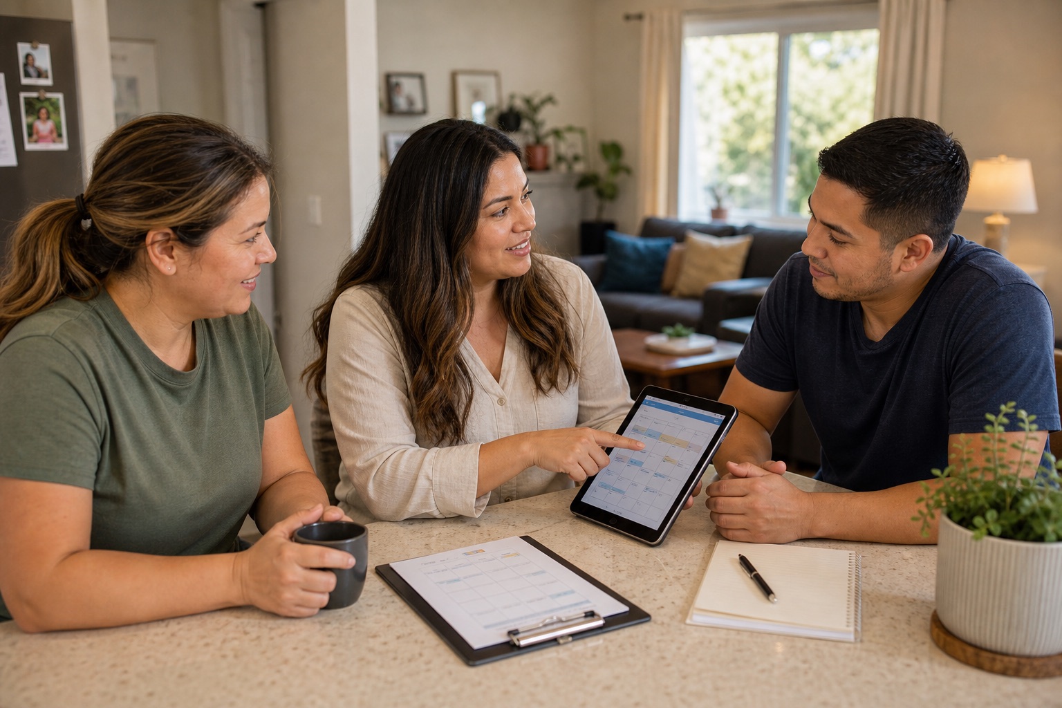 Residential supervisor coordinating home-based care routines with support staff