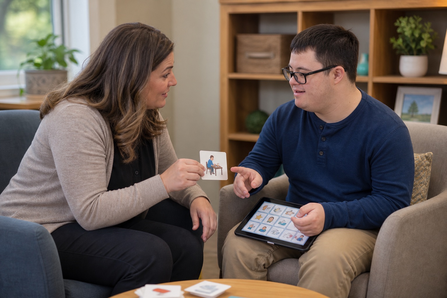 Behavioral therapist using visual support cards with an adult with a developmental disability