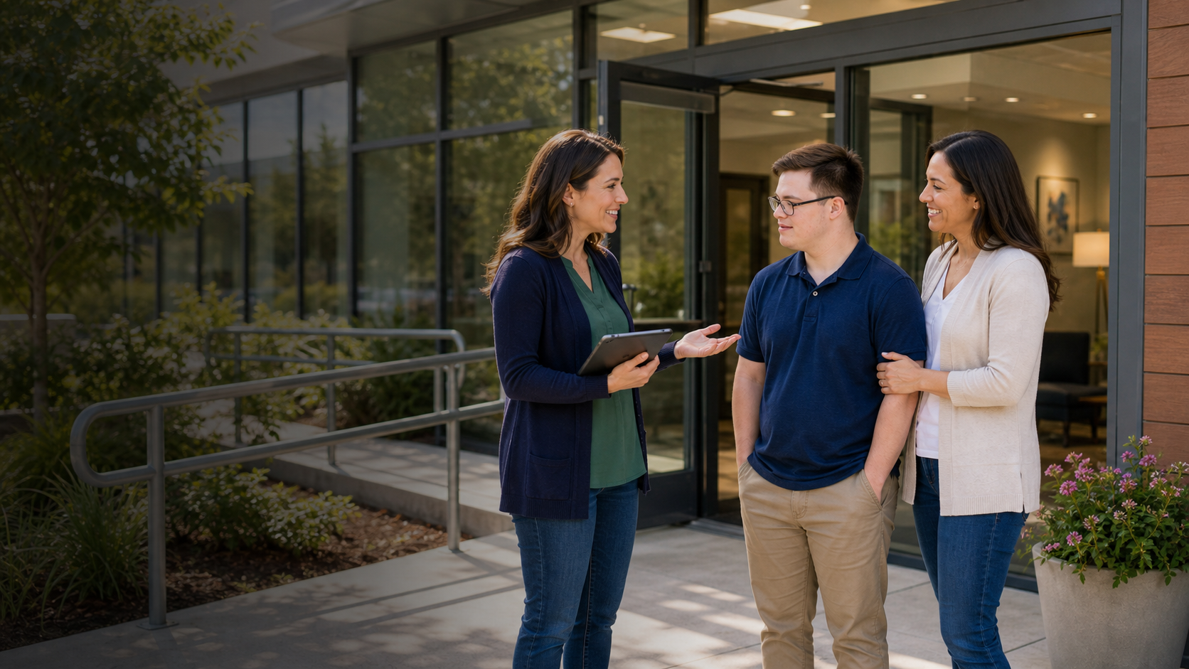 Support coordinator welcoming an adult with Down syndrome and a family member at an accessible entrance