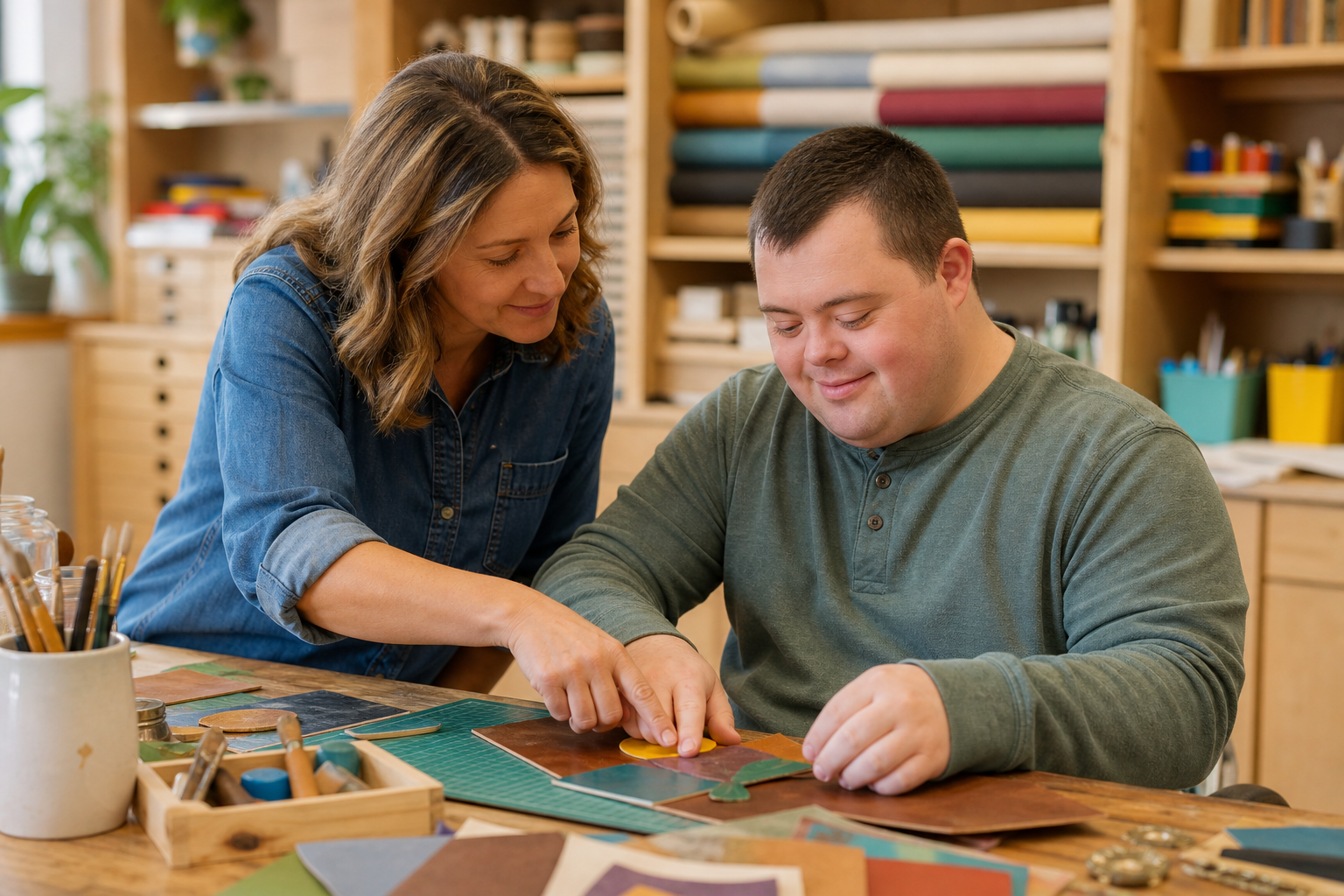 Adult with Down syndrome working on a craft activity with guidance from a day services staff member