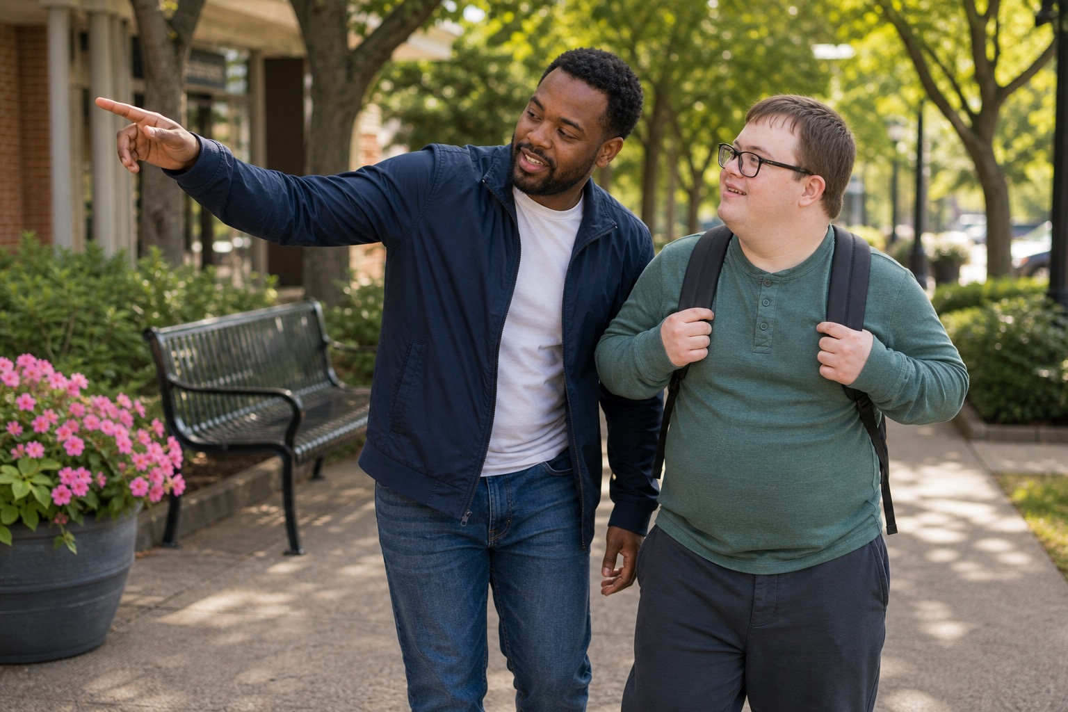 Direct Support Professional walking with an adult with Down syndrome in the community