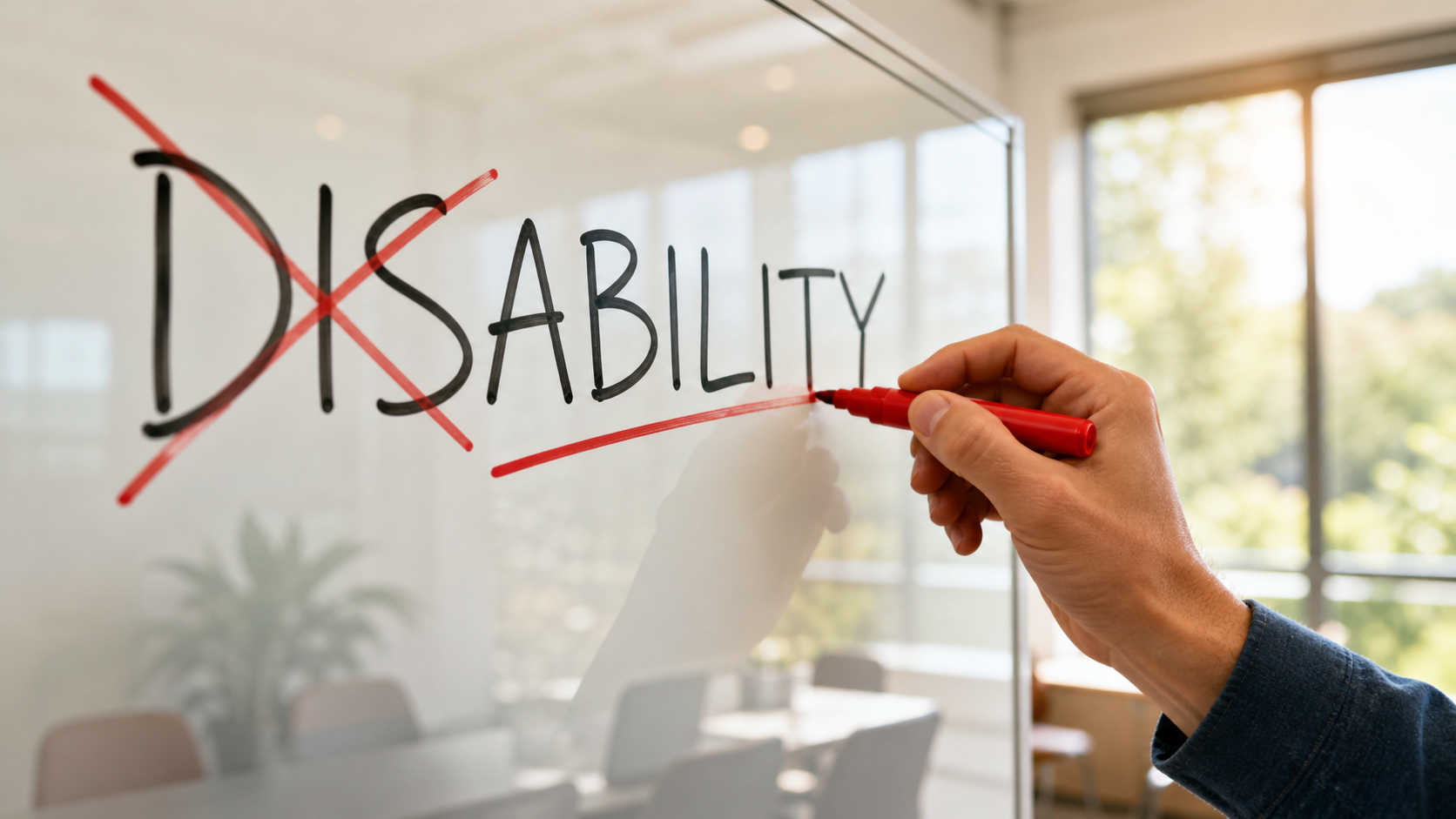 A hand crossing out "Dis" in the word "Disability" written on a glass wall, leaving "Ability"