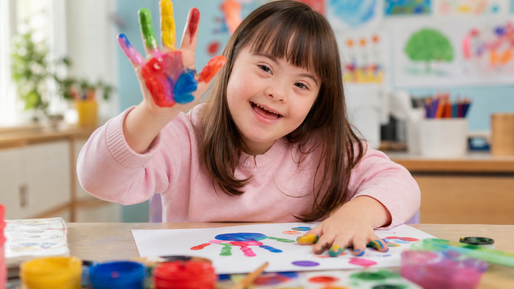A girl with Down syndrome smiling and showing her paint-covered hand during an art activity