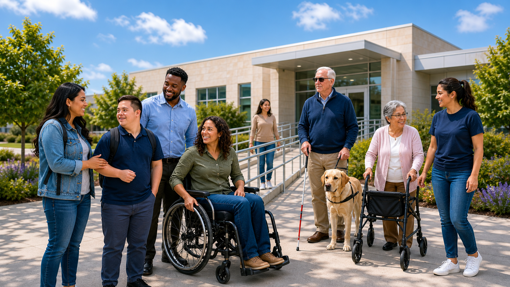 Americans with Disabilities Act community inclusion scene with people using HCBS supports