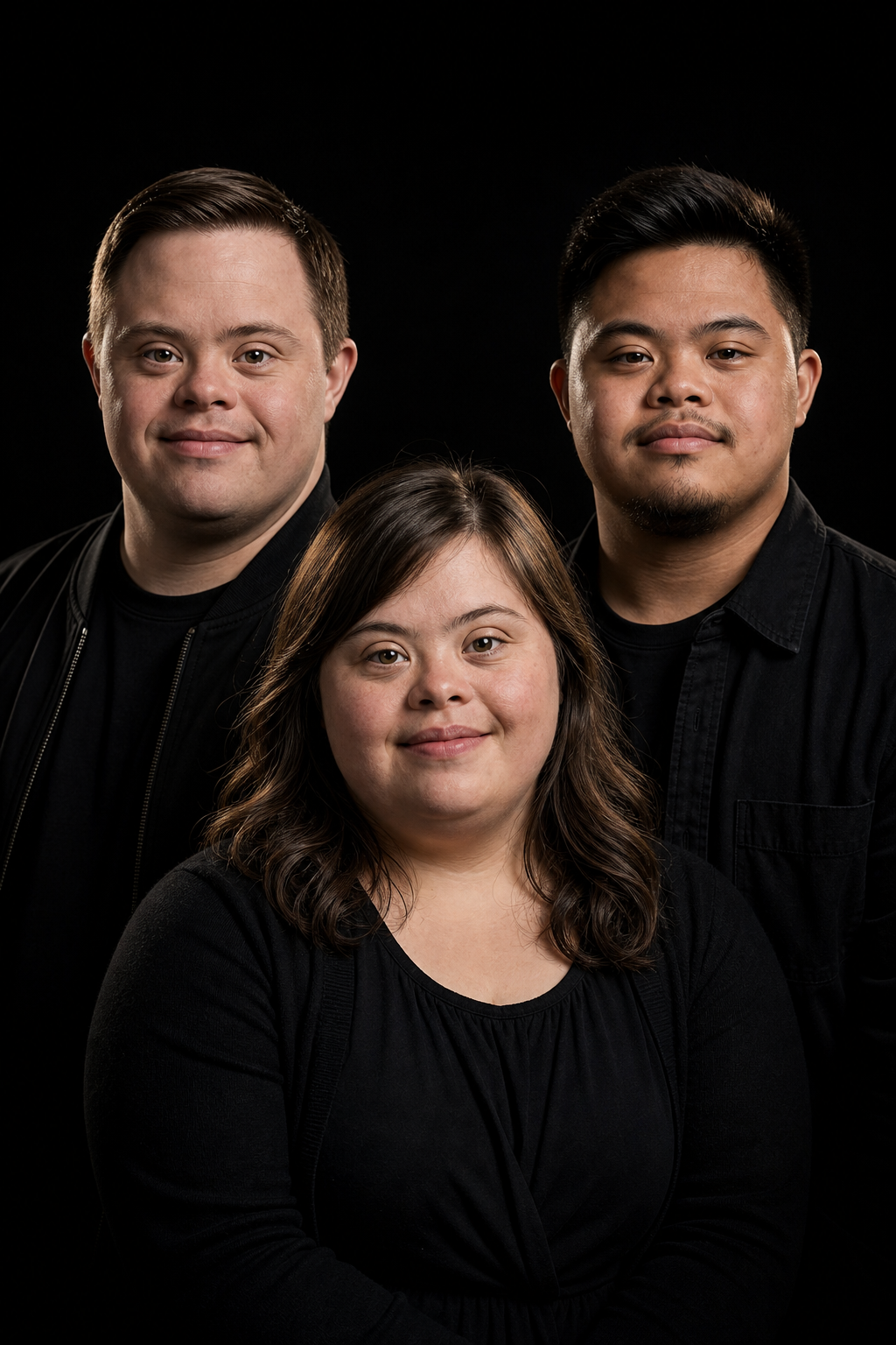Three adults with developmental disabilities in a studio portrait representing dignity, choice, and community inclusion
