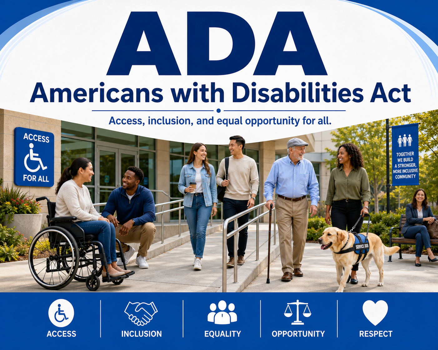 ADA awareness graphic showing access, inclusion, equality, opportunity, and respect