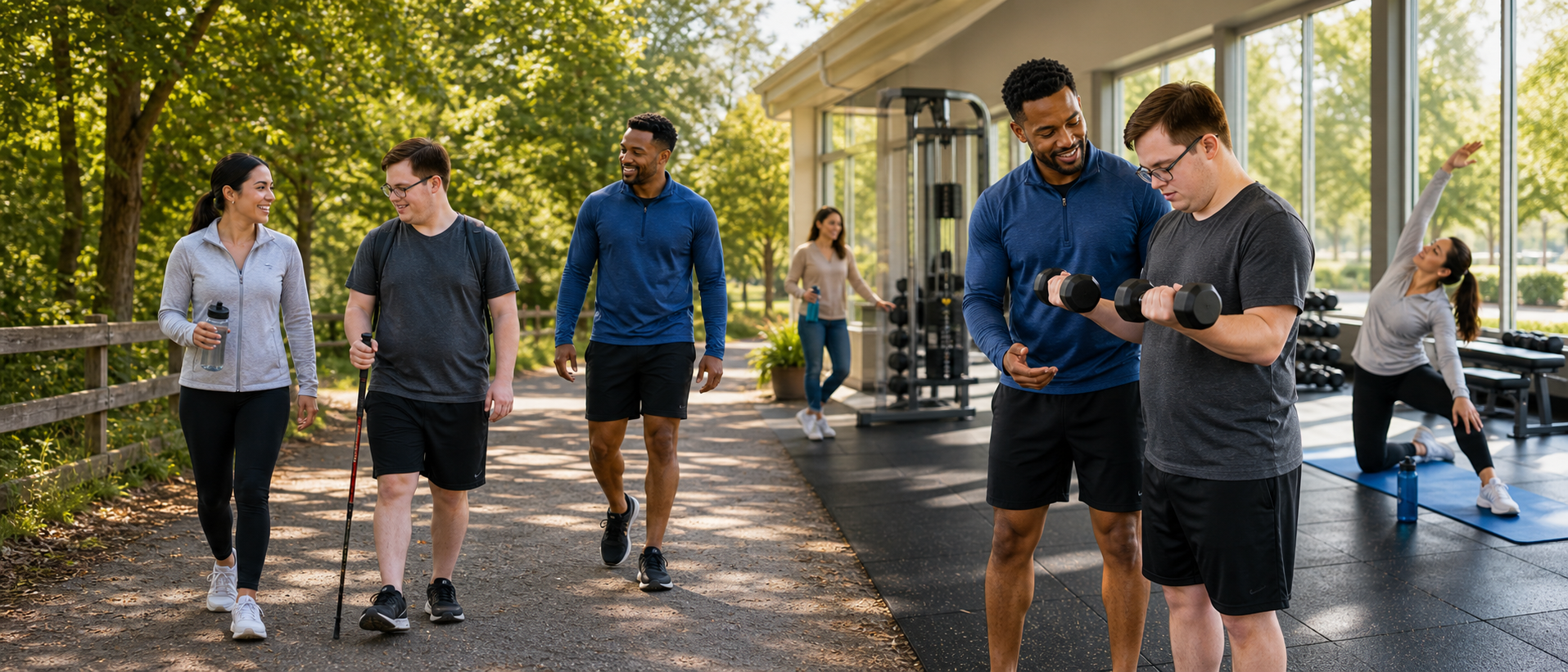 Adult with Down syndrome participating in hiking and gym wellness activities with support staff