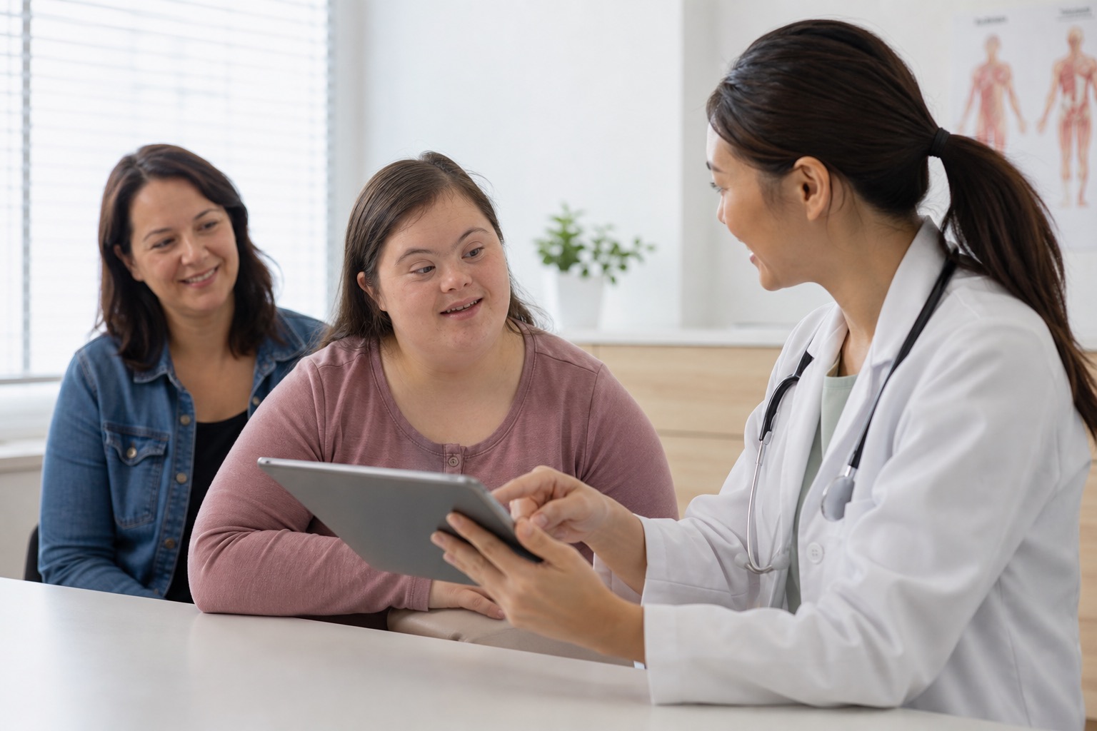 Adult woman with Down syndrome participating in a medical appointment with a doctor and support person