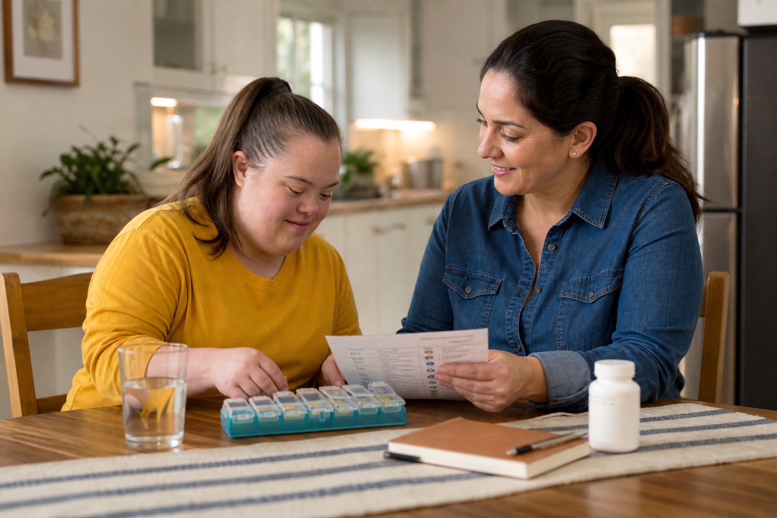 Adult woman with Down syndrome reviewing a medication routine with a support person at a kitchen table