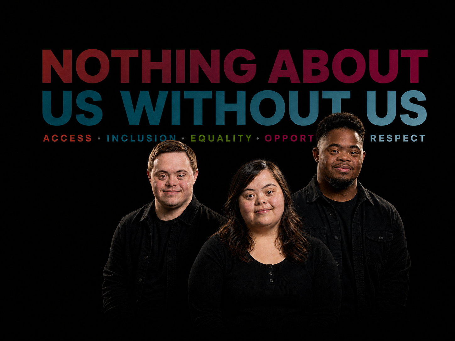 Three adults with Down syndrome looking at the camera in a dramatic studio portrait
