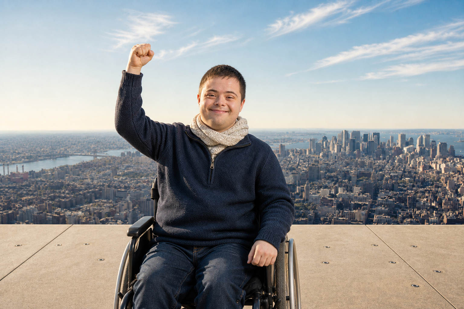 A young man with Down syndrome in a wheelchair raising his fist in triumph above a city skyline