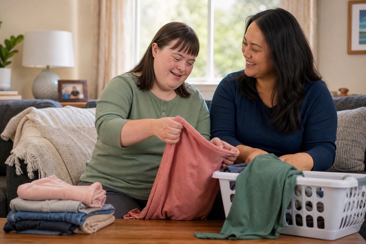 Home care provider folding laundry with an adult woman with Down syndrome in a living room