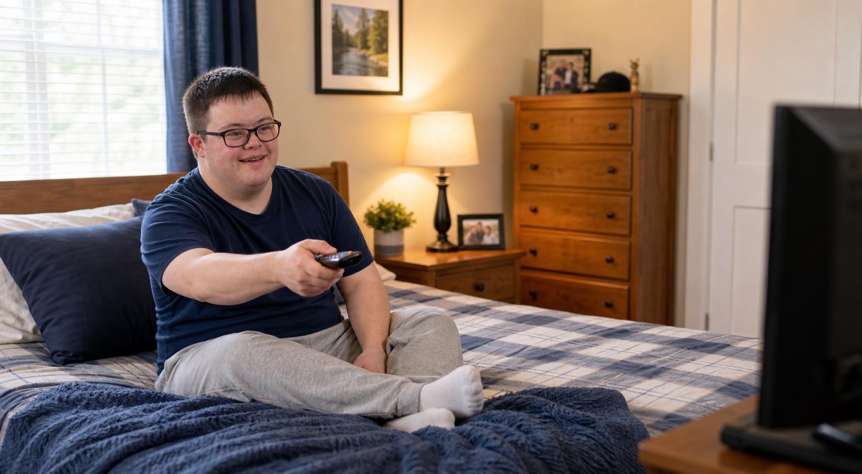 Adult with Down syndrome watching TV in a bedroom