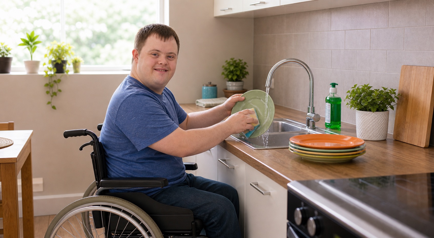 Adult with Down syndrome in a wheelchair washing a plate in a kitchen