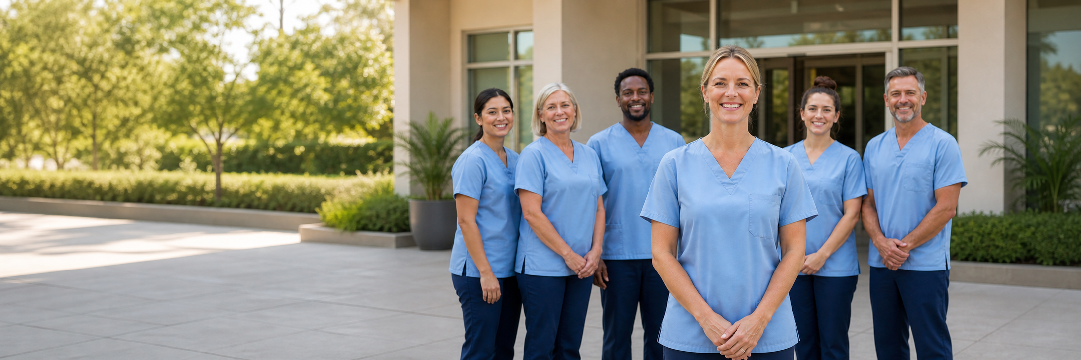 Respite care staff standing together in light blue uniforms