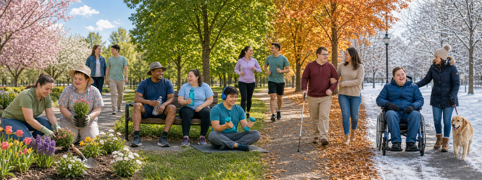Adults with Down syndrome and developmental disabilities taking part in spring, summer, fall, and winter community activities