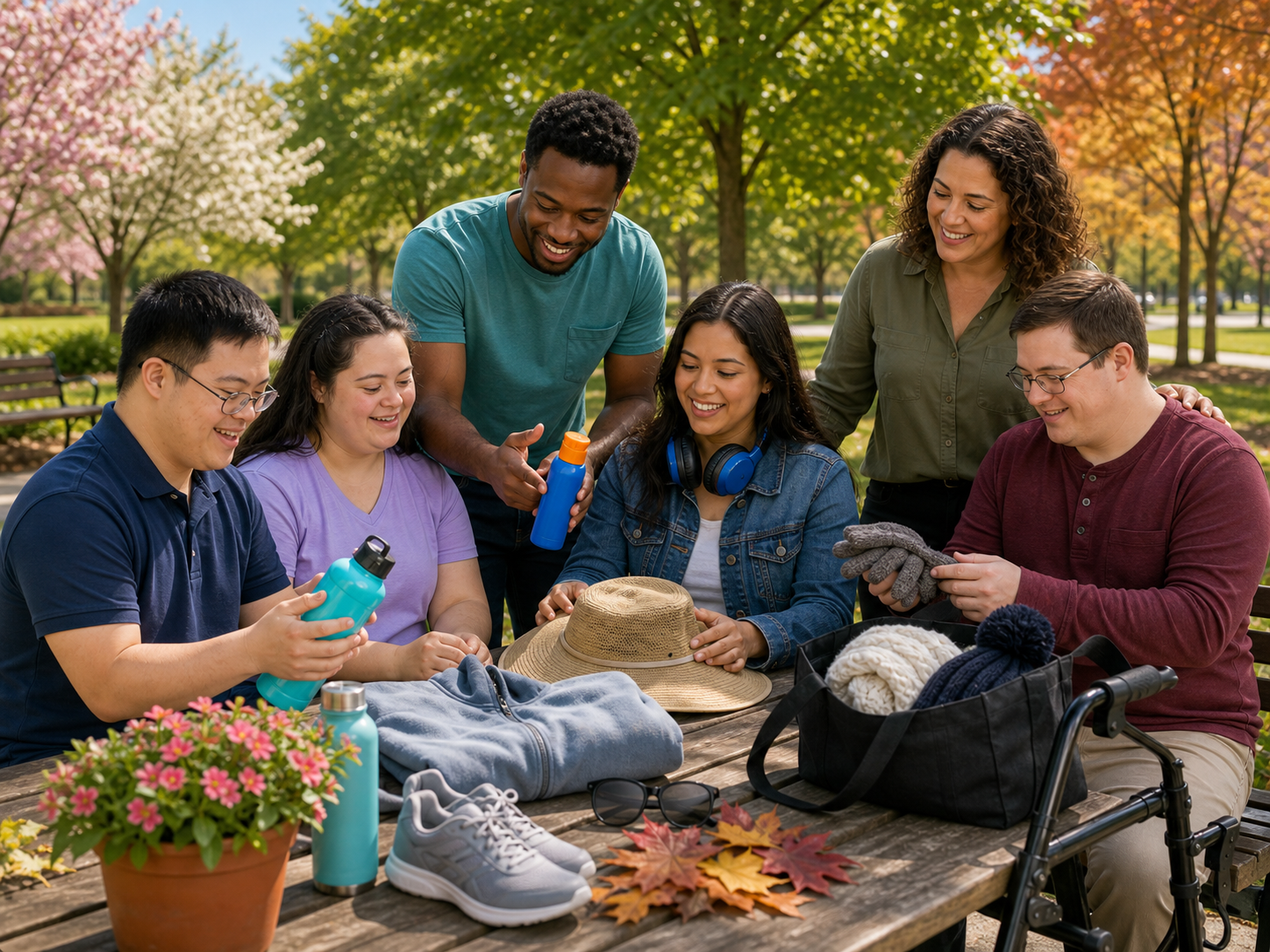 Adults with developmental disabilities planning seasonal community activities with supportive guidance