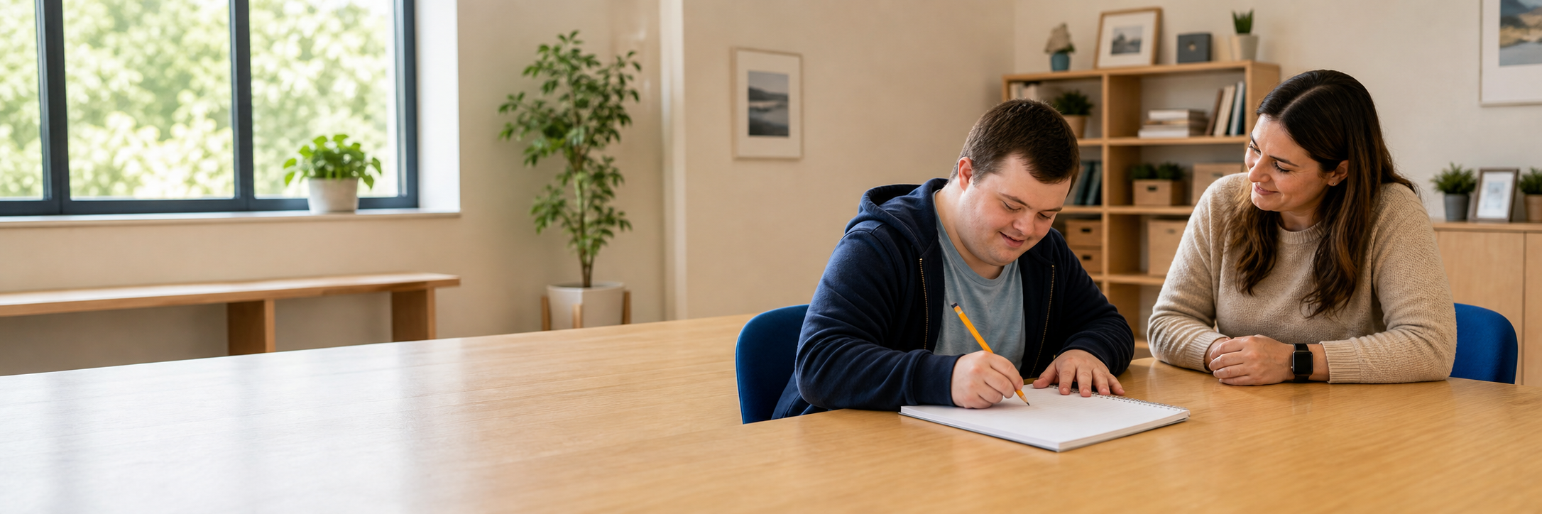 Adult with Down syndrome writing in a notebook during self-advocacy support