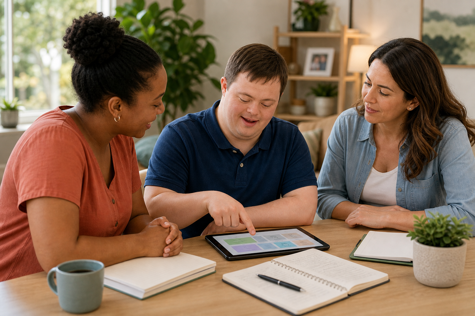 Adult with Down syndrome pointing to a shared tablet during a self-advocacy planning conversation with support staff