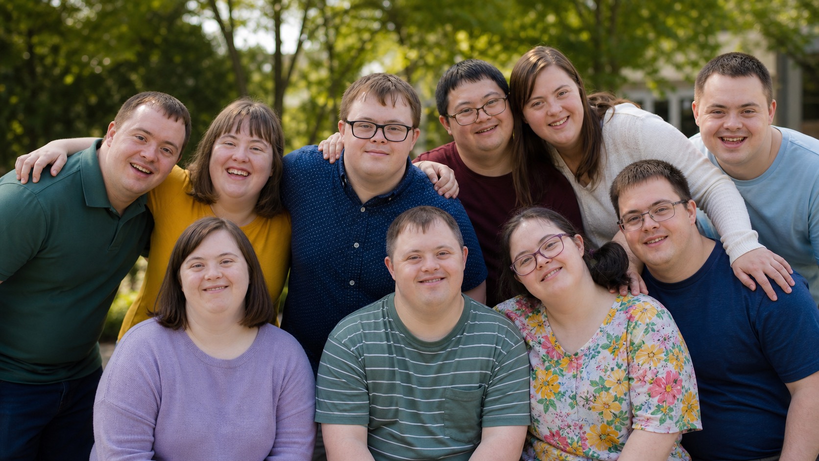 Multicultural group of adults with Down syndrome outdoors