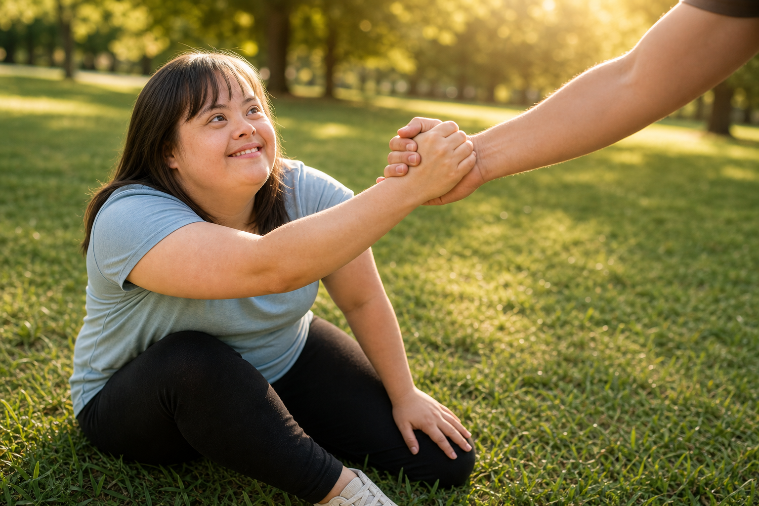Woman with Down syndrome being helped up from the grass in a warm outdoor park setting